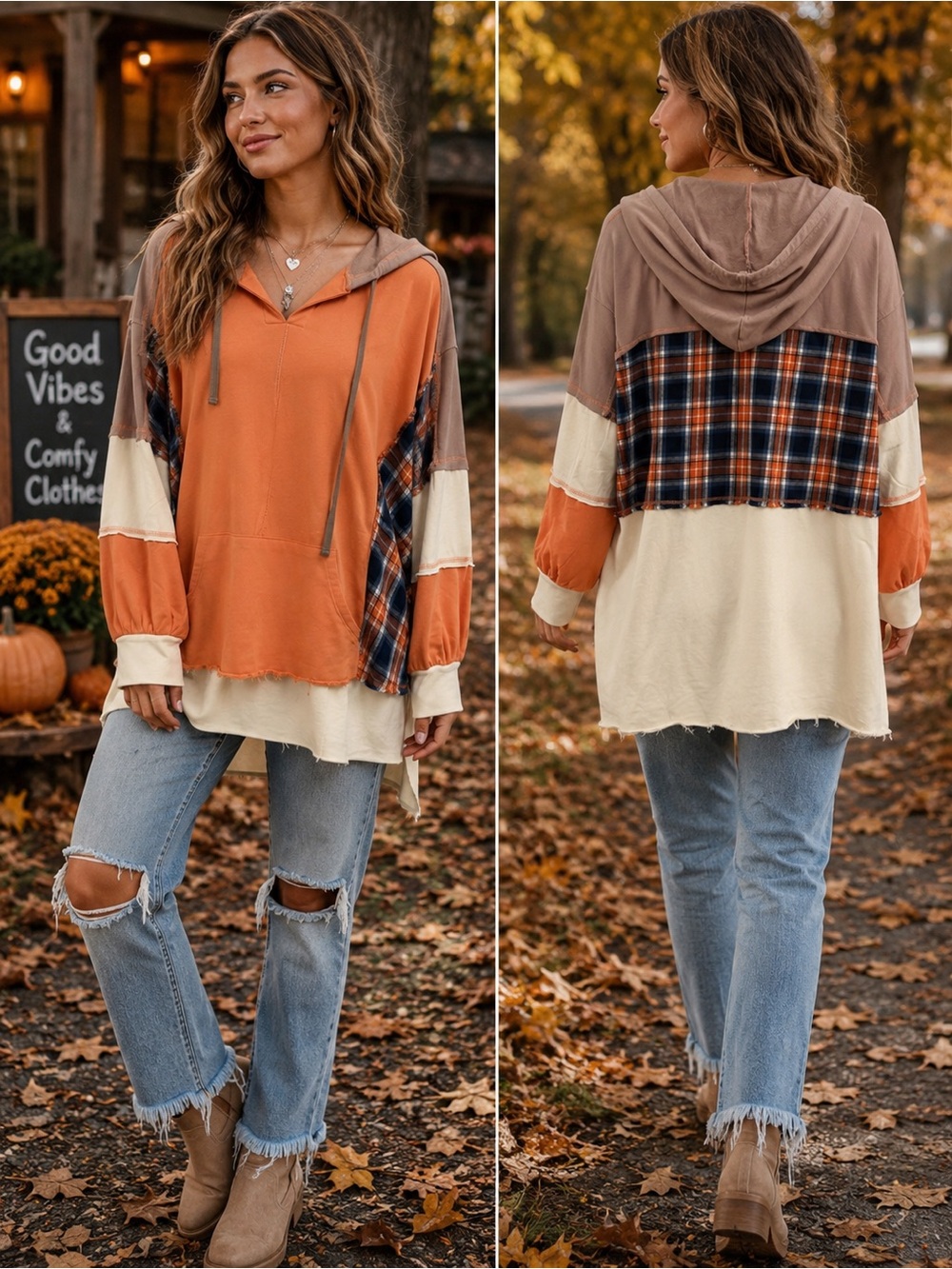 Blue Velvet Plaid Hooded Pullover Top - Orange & Cream XL Oversized